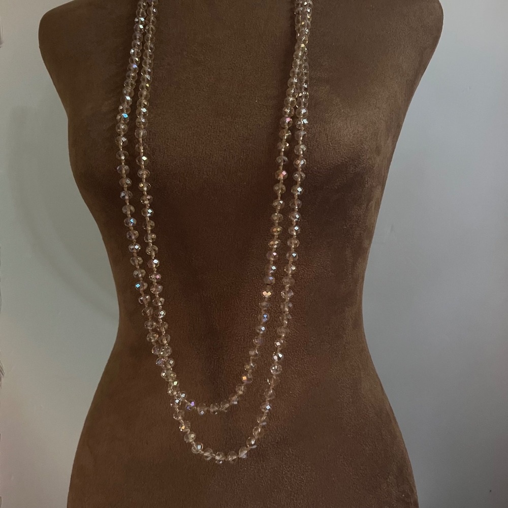 Vintage Champagne Faceted Glass Bead Knotted Long Rope Necklace 84 Inch Flapper